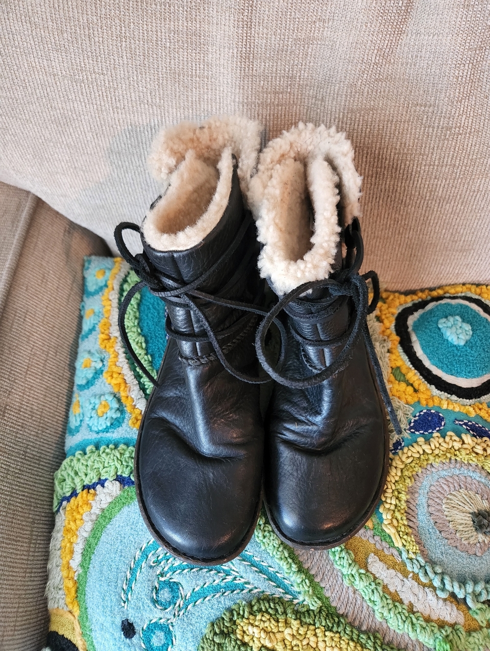 UGG Black Leather Lace-Up Shearling Ankle Boots